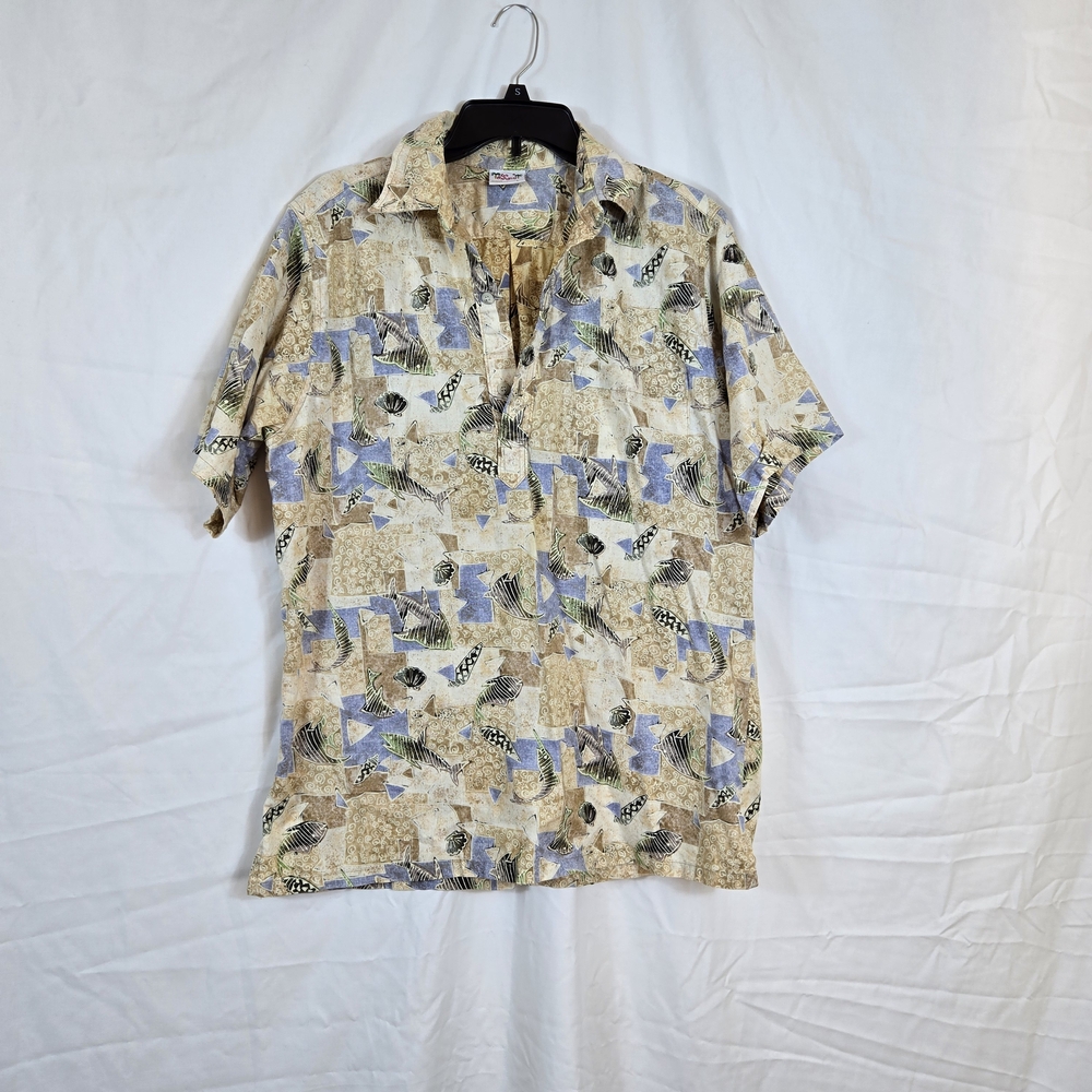 Go Barefoot Vtg Men's Ivory Blue Reverse Print Short Sleeve Hawaiian Shirt Large